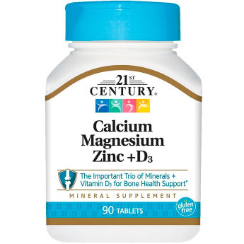 21ST CENTURY Calcium, zinc, magnesium, D3 (90 таблеток) Кальций, магний, цинк и витамин D3 способствуют укреплению костей и зубов. Также это трио важных минералов + D3 помогает поддерживать нормальную функцию сердца и мышц. 21st Century предлагает вам комплекс, содержащий 100% от рекомендуемой суточной нормы кальция, магния и цинка + D3 в форме трех таблеток, которые легко глотать.