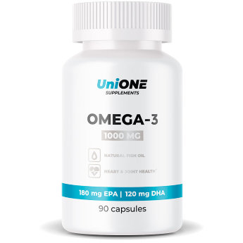 UniONE Omega-3 30% 1000мг 90 капсул Omega-3 от UniOne — источник жирных кислот, которые необходимы нашему организму для нормальной работы нервной, сердечно-сосудистой систем, а также поддержания здоровья опорно-двигательного аппарата.