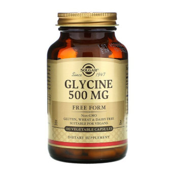 SOLGAR Glycine 500 mg (100 вегкапсул) Средство, способствующее уменьшению стресса и умственного перенапряжения. Важен для соединительных тканей, сухожилий, роста мышц. Глицин регулирует количество сахара в крови. 