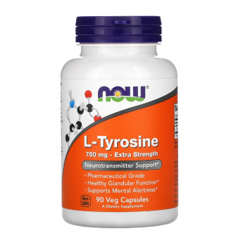 NOW L-Tyrosine 750 мг Extra Strenght (90 вегкапсул) Тирозин способствует выработке катехоламинов и нейротрансмиттеров. Употребление NOW L-Tyrosine приводит к снижению аппетита и уменьшению жировой составляющей организма.