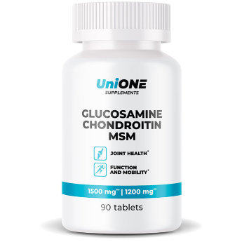 UniONE Glucosamine Chondroitin MSM 90 табл Glucosamine Chondroitin MSM от UniOne — это комплексная добавка направленная на устранение и профилактику заболеваний опорно-двигательного аппарата. Добавки с глюкозамином и хондроитином обогащенные МСМ (метилсульфонилметан, или пищевая сера) имеют ряд особенностей, которые выделяют их среди других хондрокоптеров.