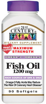 21ST CENTURY Fish Oil 1200mg (90 капсул) 1 капсула 21th Century Fish Oil содержит 1200 мг рыбьего жира - натурального источника омега-3 жирных кислот. Без достаточного поступления Омега-3 жирных кислот в организм, невозможно добиться желаемых результатов в спорте, будь то снижение веса, набор мышечной массы или увеличение силовых показателей. При не достатке незаменимых жирных кислот ваши достижения будут всегда ниже, чем могли бы быть. В данной статье пойдет речь о "хороших" жирах, а точнее об Омега-3 и Омега-6 полиненасыщенных жирных кислотах, о том, какую роль они играют в спорте и как получить их достаточное количество.