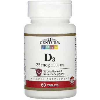 21ST CENTURY Vitamin D-3 1000 ME (60 таблеток) Витамин D3 необходим для усвоения кальция и является незаменимой добавкой, обеспечивающей здоровье костей, зубов и иммунной системы. Витамин D3 также поддерживает здоровье молочной железы и толстой кишки.