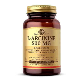 SOLGAR L-Arginine 500 mg (100 вегкапсул) Биологически активная добавка на основе аминокислоты L-Arginine 500 mg производителя Solgar. Улучшает снабжение мышц кислородом и питательными веществами. Повышает продуктивность и производительность тренировки.