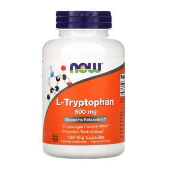 NOW L-Tryptophan 500 mg (120 вегкапсул) L-Tryptophan NOW foods – универсальная биоактивная добавка для нормализации сна, самочувствия и настроения.