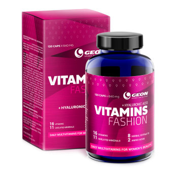 GEON Fashion Vitamins 120 кап Fashion Vitamins - это витаминно-минеральный комплекс, разработанный специально для женщин. В состав Fashion Vitamins входит 16 витаминов , 11 минеральных компонентов,  гиалуроновая кислота, морской коллаген и 10 растительных экстрактов. 