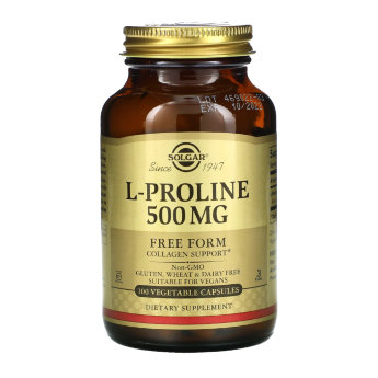 SOLGAR L-Proline 500 mg (100 вегкапсул) L-пролин - это аминокислота, которая служит важным строительным элементом для производства коллагена. Коллаген является основным структурным белком соединительной ткани. 