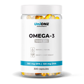 UniONE Omega-3 30% 1000мг 300 капсул Omega-3 от UniOne — источник жирных кислот, которые необходимы нашему организму для нормальной работы нервной, сердечно-сосудистой систем, а также поддержания здоровья опорно-двигательного аппарата.