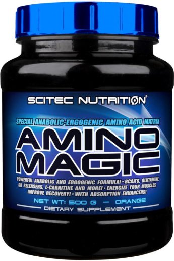 SCITEC Amino Magic (500г) Amino Magic от Scitec Nutrition содержит 9 важнейших для спортсмена аминокислот в свободной форме: аминокислоты с разветвленной боковой цепью BCAA, а также аргинин, глютамин, орнитин, таурин, лизин и карнитин. Такое сочетание обеспечивает стремительный мышечный рост и легкое восстановление, сгорание жировой прослойки, энергичность и ускоренный обмен веществ.