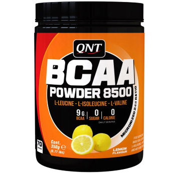 QNT BCAA Powder 8500 350 г BCAA Powder 8500 от QNT обеспечит вас ценными для мышц аминокислотами c разветвленными боковыми цепями, причем быстро и в наиболее подходящей согласно многим исследованиям пропорции 2:1:1