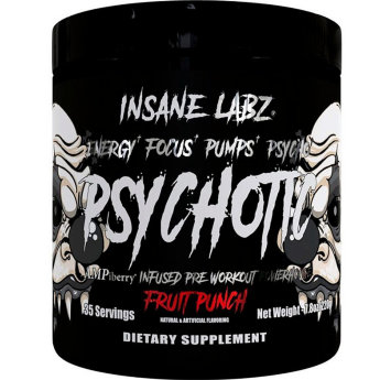 INSANE LABZ Psychotic BLACK (35 порций)* Insane Labz PSYCHOTIC BLACK - это стимулирующий предтренировочный комплекс, который обеспечивает энергией и помогает фокусироваться. Эффект, возникающий сразу после его приема, держится около трех часов. 