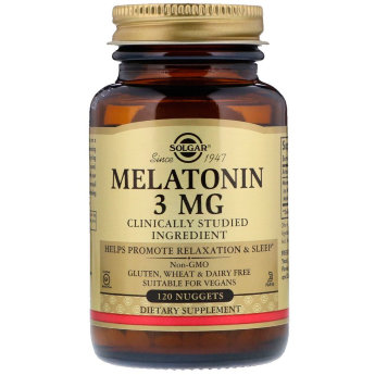 SOLGAR Melatonin 3мг (120 наггетов) Мелатонин — гормон эпифиза (шишковидной железы), который регулирует ритм сна-бодрствования, а также обладает рядом дополнительных эффектов.
