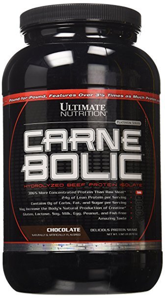 ULTIMATE CarneBolic 840 г Говяжий протеин является лучшим источником белка для атлетов по биологической доступности, аминокислотному составу и скорости усвоения, которая сопоставима с сывороточным изолятом.

Дополнительно обогащен натуральным креатином, который содержится в мясе.

Не содержит лактозы и глютена.

Carne Bolic - это концентрированный белковый продукт изготовленный из говядины (говяжий протеин).

В основе протеина лежит чистый гидролизат говяжьего белка имеющий очень высокую питательную ценность для набора мышечной массы и быстрого восстановления после тяжелых физических нагрузок.