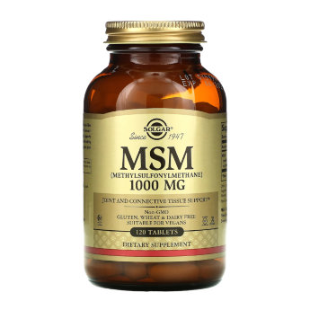 SOLGAR MSM 1000 mg (120 таблеток) Помогает следить за здоровьем суставов, связок и костей. Способствует укреплению опорно-двигательного аппарата, что снижает риск получить травму на активной тренировке.