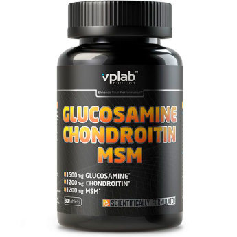 VP LAB Glucosamine, Chondroitin &amp; MSM (90 таблеток) Тяжелые тренировки перегружают суставы и связки, к тому же, с возрастом, синтез глюкозамина и хондроитина ухудшается, а такой важный элемент как МСМ (метилсульфонилметан – природный источник серы) поступает в организм в ничтожных количествах.
Хондроитин и глюкозамин играют важнейшую роль в восстановлении соединительной ткани, улучшают амортизационные свойства хряща, увеличивают подвижность суставов.

МСМ является источником биологически доступной для организма серы — компонента белков, составляющих все соединительные ткани. Микроэлемент уменьшает воспалительные процессы, ускоряет синтез коллагеновых белков и помогает поддерживать суставы в здоровом состоянии.