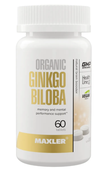 MAXLER USA Ginkgo Biloba 120mg (60 таблеток) Organic Ginkgo Biloba – это польза для каждого, кто заботится о своем здоровье. Organic Ginkgo Biloba улучшает умственную деятельность, память и концентрацию, способствует хорошей циркуляции крови в мозге и помогает нормализовать его функции. Кроме того, добавка поддерживает прочность и эластичность кровеносных сосудов.