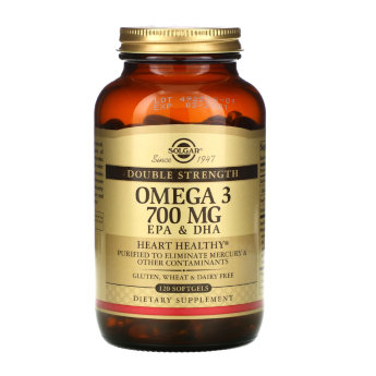 SOLGAR Omega-3 700 mg Double Strength (120 софтгелей)  Омега-3 700 - это натуральный высококонцентрированный источник омега-3 полиненасыщенных кислот ЭПК и ДГК из холоднолюбивой рыбы.