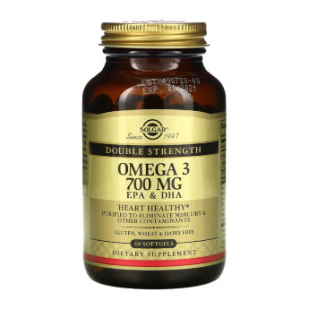 SOLGAR Omega-3 700 mg Double Strength (60 софтгелей) "Двойная Омега-3 700 мг ЭПК и ДГК" жирные кислоты подавляют воспалительные процессы, улучшают работу суставов, борются с эмоциональными расстройствами, защищают сердечно-сосудистую систему, способствуют снижению уровня холестерина.