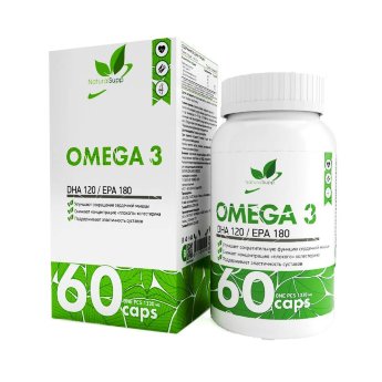 NATURALSUPP Omega 3 30% Омега 3  DHA 120/EPA 180 1000мг (60 капсул) Омега 3 снижает концентрацию «плохого» холестерина, участвует в транспорте кислорода к тканям, улучшает сократительную функцию сердечной мышцы.