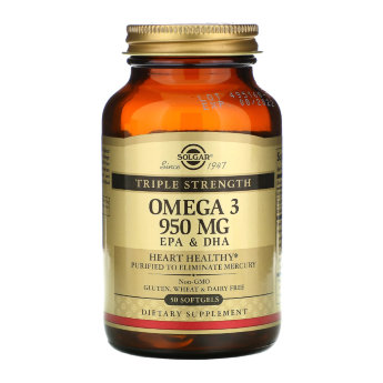 SOLGAR Omega-3 950 mg Triple Strength (50 софтгелей) Жирные кислоты Омега-3 способствуют защите зрения, улучшению работы головного мозга, профилактике сердечно-сосудистых заболеваний, снижению уровня холестерина.