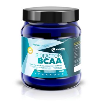 GEON Bio Factor BCAA 450 таб Bio Factor BCAA — это продукт на основе натуральных аминокислот и растворимых пищевых волокон. Прием Bio Factor BCAA позволяет быстрее формировать сухую мышечную массу и уменьшить жировую прослойку.