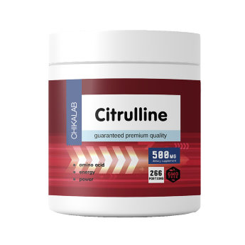 CHIKALAB L-Citrulline 200 г Цитруллин ― заменимая аминокислота, которая содержится в некоторых белковых продуктах. Основное преимущество цитруллина состоит в том, что он увеличивает производительность тренировки путём увеличения расхода энергии в клетках, что даёт рост мощности и интенсивности выполнения физических упражнений.
