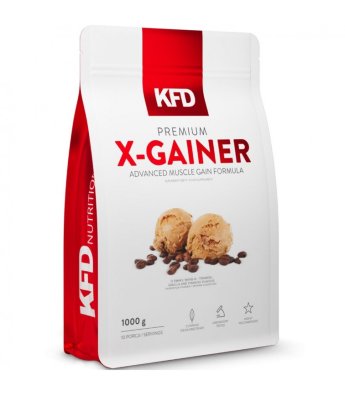 KFD Premium X-Gainer 1000г KFD Premium X-Gainer – это смесь углеводов самого высокого качества (молотых овсяных хлопьев и воскового кукурузного крахмала – восковой кукурузы), сывороточного протеина (WPC) и мицеллярного казеина. Дополнительно продукт обогащён бета-аланином и L-глютамином, которые ускоряют восстановление после тренировки.