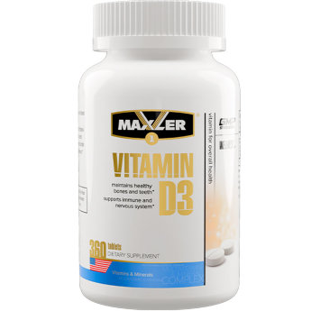 MAXLER USA Vitamin D3 1200UI 360 табл Витамин Д3 способствует усвоению Кальция и Фосфора – минералов, оказывающих огромное влияние на здоровье костей и зубов. Д3 также нормализует иммунные защитные процессы, помогая организму противостоять инфекциям и болезням. Также, витамин Д3 регулирует выработку и выделение инсулина, поддерживая нормальную концентрацию глюкозы в крови.
