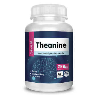 CHIKALAB Theanine (60 таблеток) L-Тианин – аминокислота, которая активно проникает в мозг через гематоэнцефалический барьер, проявляет психоактивные свойства: уменьшает воздействие стресса, улучшает когнитивные способности, улучшает настроение.