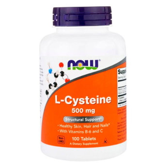 NOW L-Cysteine 500мг (100 таблеток) L-cysteine восстанавливает количество и структуру бета-кератина, благодаря чему нормализуется синтез коллагена. Он, в свою очередь, повышает качество кожи, волос и ногтей, останавливает необратимый процесс старения. Цистеин также выступает предшественником глутатиона, при нехватке которого печень и головной мозг становятся беззащитными перед воздействием внешних факторов.