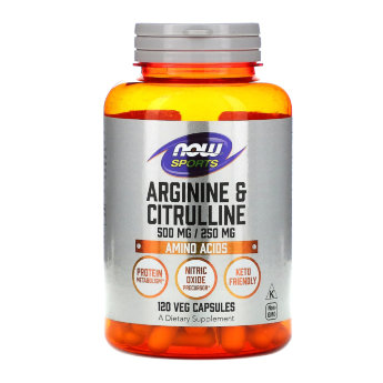 NOW Arginine 500 mg/Citrulline 250 mg (120 вегкапсул) Arginine & Citrulline от NOW относится к незаменимым аминокислотам и является необходимым компонентом обмена веществ организма. Эффективный стимулятор синтеза гормона роста. Ускоряет жировой обмен.