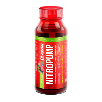 GEON Nitro Pump 240 мл NITROPUMP™ — это универсальный предтренировочный энергетический напиток, предназначенный для быстрой подготовки организма спортсмена к интенсивным физическим и психологическим нагрузкам.