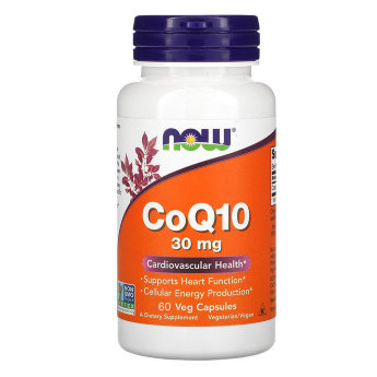 NOW CoQ10 30 mg (60 вегкапсул) Природный антиоксидант коэнзим Q10 снижает риск возникновения заболеваний сердечно-сосудистой системы, замедляет процессы старения организма, обеспечивает организм энергией и повышает выносливость. 