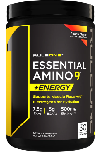 RULE ONE Essential Amino 9 + Energy (с кофеином) 345 г R1 Essential Amino 9 + Energy - это совершенно новая аминокислотная добавка, содержащая полную комбинацию всех девяти незаменимых аминокислот для поддержки восстановления мышц.