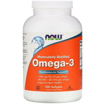 NOW Omega 3 (500 софтгелей) Омега-3 кислоты являются основным представителем класса полиненасыщенных жирных кислот, в которые входят наиболее значимые эйкозапентаеновая (ЭПК) и докозагексаеновая (ДГК).