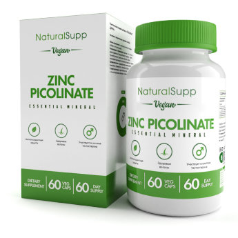 NATURALSUPP Vegan Zinc Picolinate Пиколинат цинка (60 капсул) Антиоксидантная защита. Здоровые волосы. Участвует в синтезе тестостерона.