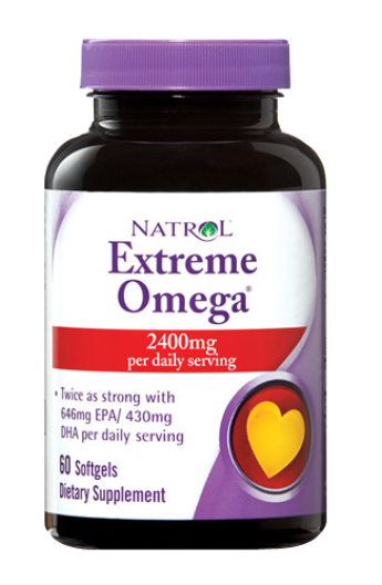 NATROL Extreme Omega 2400 mg (60 капсул) Extreme Omega 2400 mg от Natrol - это источник полиненасыщенных жирных кислот, содержит в себе эйкозапентановую и докозагексановую кислоты, полученные из натурального рыбьего жира и льняного масла.