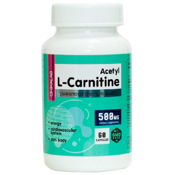 CHIKALAB Acetyl L-Carnitine 500мг (60 капсул) L-карнитин усиливает выработку энергии из жировых запасов организма. В результате чего эффективность тренировок растёт, а жиросжигание улучшается за счёт роста расхода калорий.